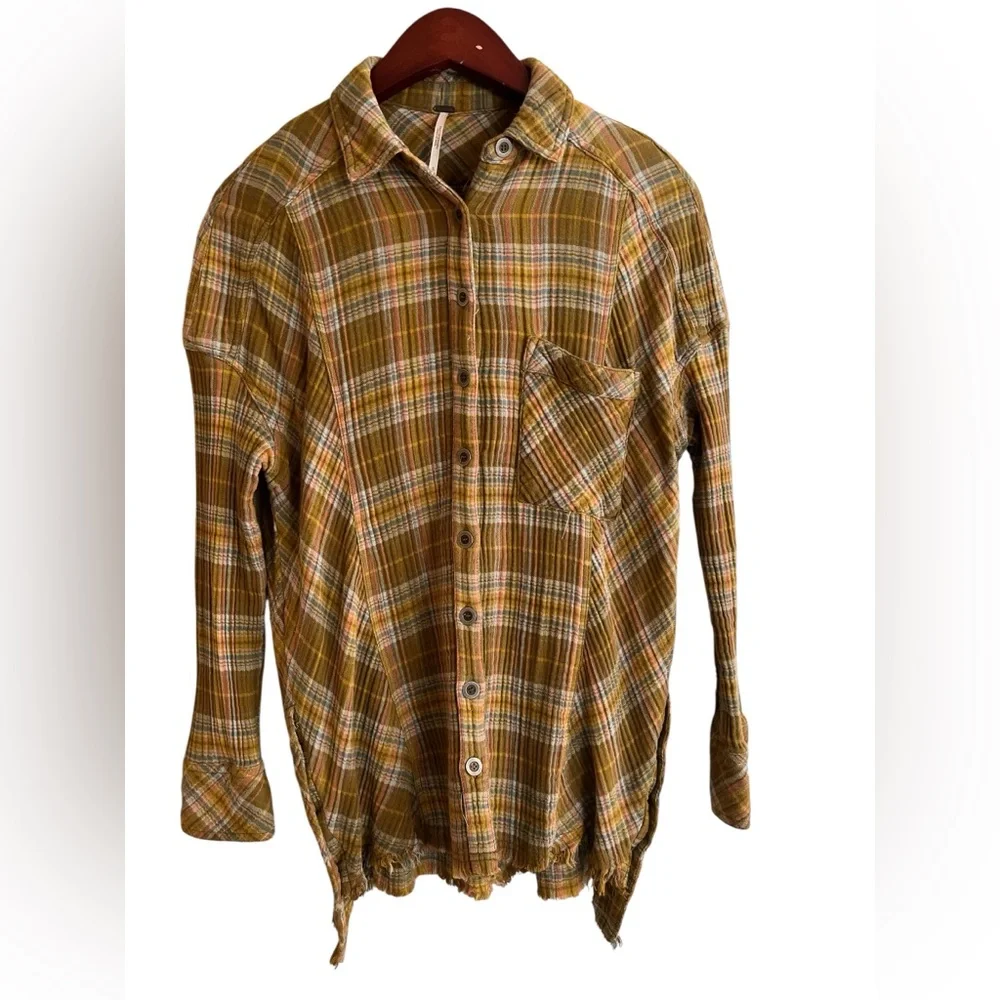 Free People Juniper Ridge Plaid Raw Hem Distressed Boho Grunge Shirt S - Picture 2 of 7
